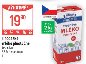Mléko trvanlivé Jihočeské Madeta - 3,5% plnotučné