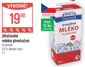 Mléko trvanlivé Jihočeské Madeta - 3,5% plnotučné