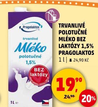 Mléko trvanlivé bez laktózy Pragolaktos- 1,5% polotučné
