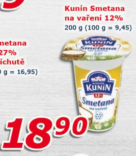 Smetana na vaření Mlékárna Kunín 12%