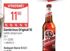 Pivo světlé výčepní Originál 10° Gambrinus