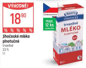 Mléko trvanlivé Jihočeské Madeta - 3,5% plnotučné
