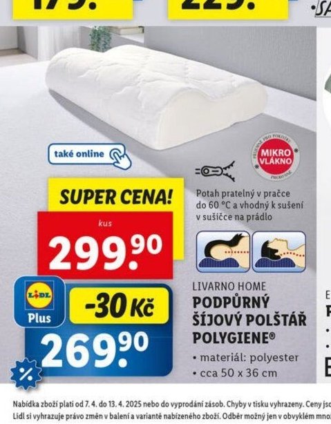 LIVARNO HOME PODPŮRNÝ ŠÍJOVÝ POLŠTÁŘ POLYGIENE