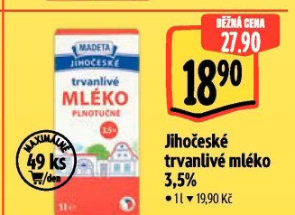 Mléko trvanlivé Jihočeské Madeta - 3,5% plnotučné