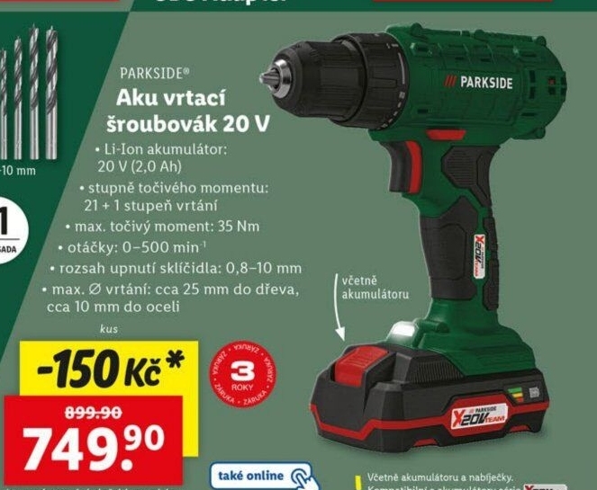 Aku vrtací šroubovák Parkside