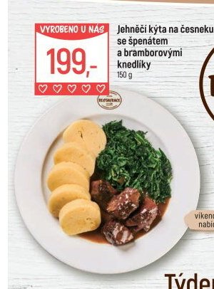 Jehněčí kýta na česneku se špenátem a bramborovými knedlíky