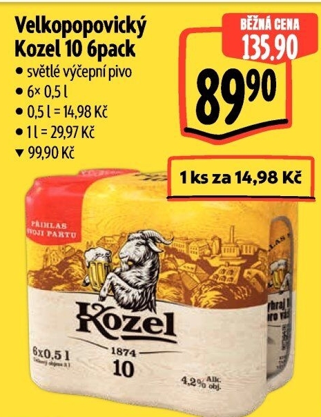 Pivo světlé výčepní 10°Velkopopovický Kozel