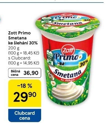 Smetana ke šlehání 30% Primo Zott