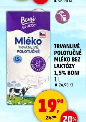 Mléko trvanlivé bez laktózy Boni - 1,5% polotučné