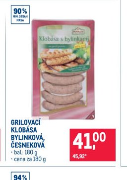 GRILOVACÍ KLOBÁSA BYLINKOVÁ, ČESNEKOVÁ