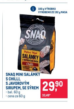 Snaq mini salámky s chilli, s javorovým sirupem, se sýrem