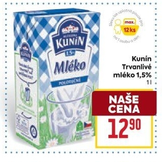 Mléko trvanlivé Mlékárna Kunín - 1,5% polotučné