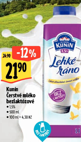 Čerstvé mléko bez laktózy Lehké ráno Mlékárna Kunín - 1,5% polotučné