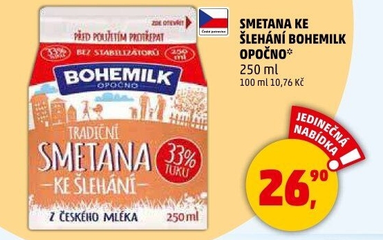 Smetana ke šlehání 33% Bohemilk Opočno