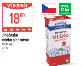 Mléko trvanlivé Jihočeské Madeta - 3,5% plnotučné