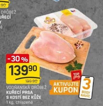 VODŇANSKÁ DRŮBEŽ KUŘECÍ PRSA S KOSTÍ BEZ KŮŽE 1 kg