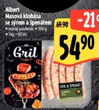 Klobása se sýrem a špenátem Albert Gril