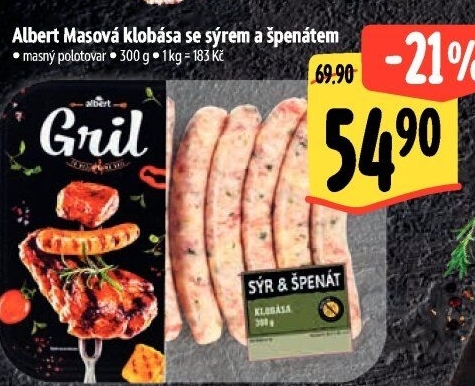 Klobása se sýrem a špenátem Albert Gril