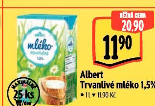 Mléko trvanlivé Albert - 1,5% polotučné