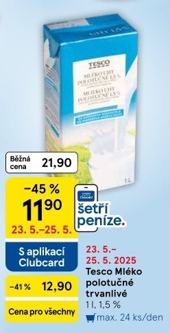 Mléko trvanlivé Tesco - 1,5% polotučné