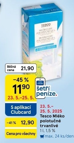 Mléko trvanlivé Tesco - 1,5% polotučné