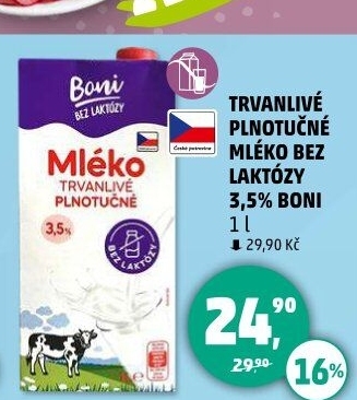 Mléko trvanlivé bez laktózy - 3,5% plnotučné Boni