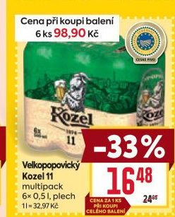 Pivo světlý ležák 11° Medium Velkopopovický Kozel