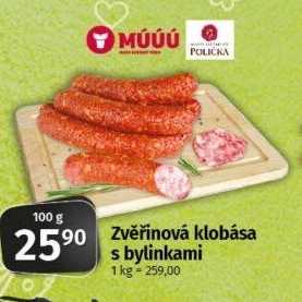 Zvěřinová klobása s bylinkami Maso uzeniny Písek