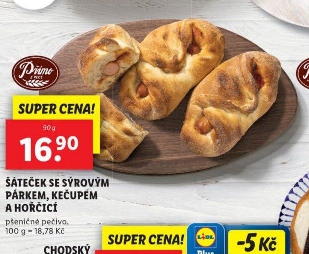 ŠÁTEČEK SE SÝROVÝM PÁRKEM, KEČUPEM A HOŘČICÍ