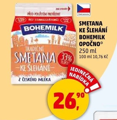 Smetana ke šlehání 33% Bohemilk Opočno