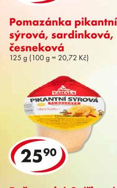 Pomazánka pikantní sýrová, sardinková, česneková