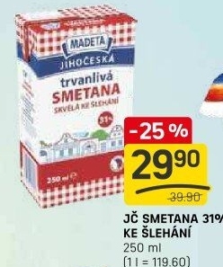 Smetana ke šlehání trvanlivá Jihočeská Madeta 31%