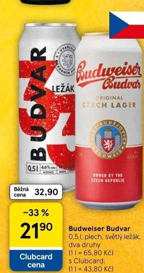 Pivo světlý ležák Budweiser Budvar