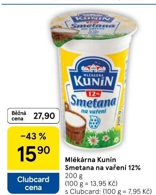 Smetana na vaření Mlékárna Kunín 12%