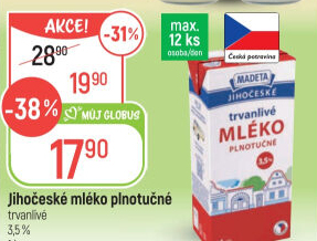 Mléko trvanlivé Jihočeské Madeta - 3,5% plnotučné