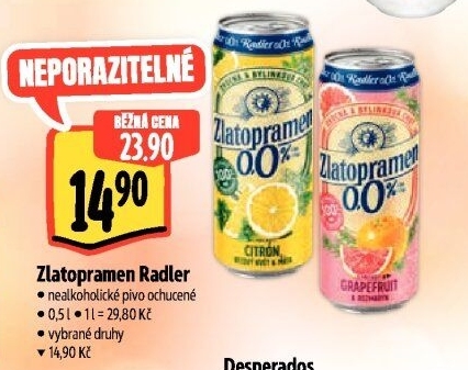 Nealkoholické pivo ochucené Radler Zlatopramen