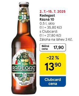 Pivo světlé výčepní Rázná 10° Radegast