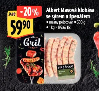 Klobása se sýrem a špenátem Albert Gril