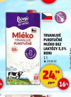Trvanlivé plnotučné mléko bez laktózy 3,5% Boni 1 l
