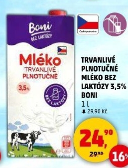 Mléko trvanlivé bez laktózy - 3,5% plnotučné Boni