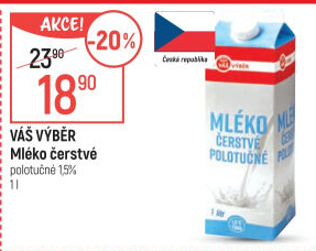 Mléko čerstvé Váš Výběr- 1,5% polotučné