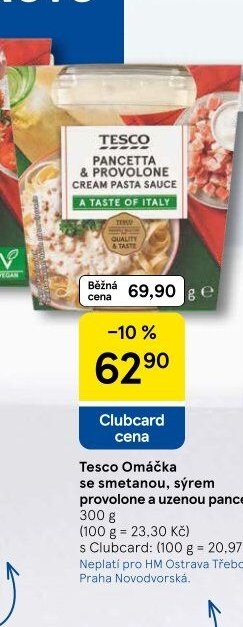 Tesco Omáčka se smetanou, sýrem provolone a uzenou pancettou