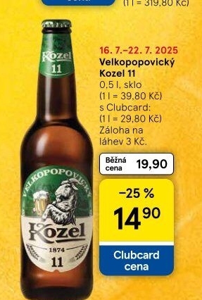 Pivo světlý ležák 11° Medium Velkopopovický Kozel