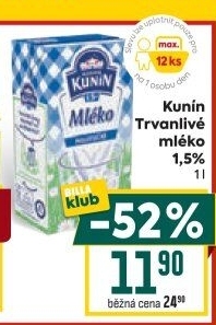 Mléko trvanlivé Mlékárna Kunín - 1,5% polotučné