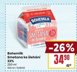 Smetana ke šlehání 33% Bohemilk Opočno