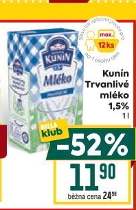 Mléko trvanlivé Mlékárna Kunín - 1,5% polotučné