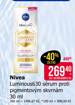 Sérum proti pigmentovým skvrnám Cellular Luminous630 Nivea