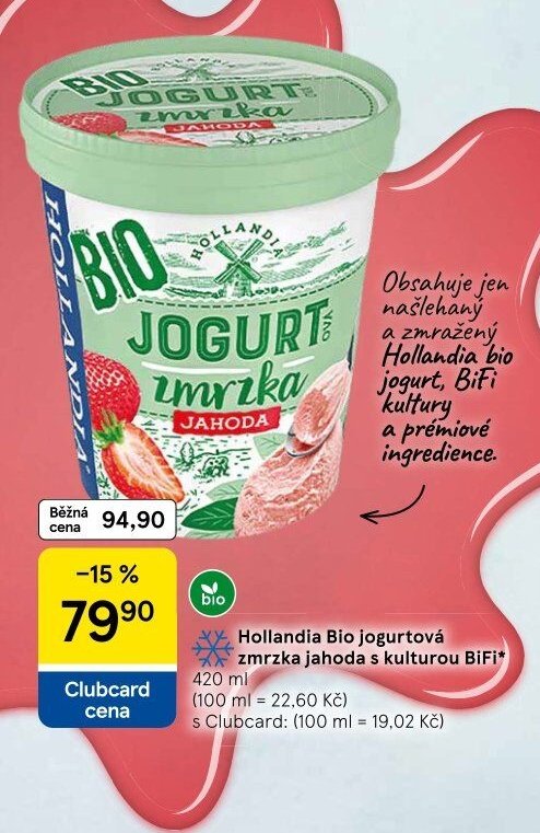 Hollandia Bio jogurtová zmrzka jahoda s kulturou BiFi - Tesco akcniletaky.com