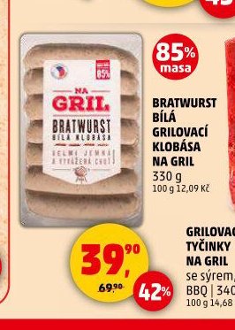 Bratwurst bílá grilovací klobása na gril