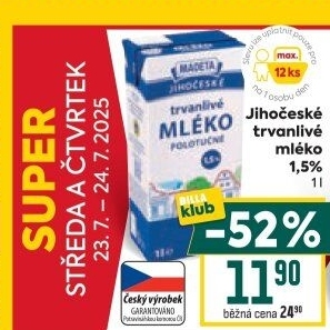 Mléko trvanlivé Jihočeské Madeta - 1,5% polotučné